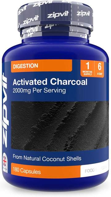 Zipvit Activated Charcoal Capsules 2000Mg, Charcoal Tablets Alternative, Digestion Support Supplement, Helps Reduce Excessive Flatulence After Eating, 180 Vegan Capsules