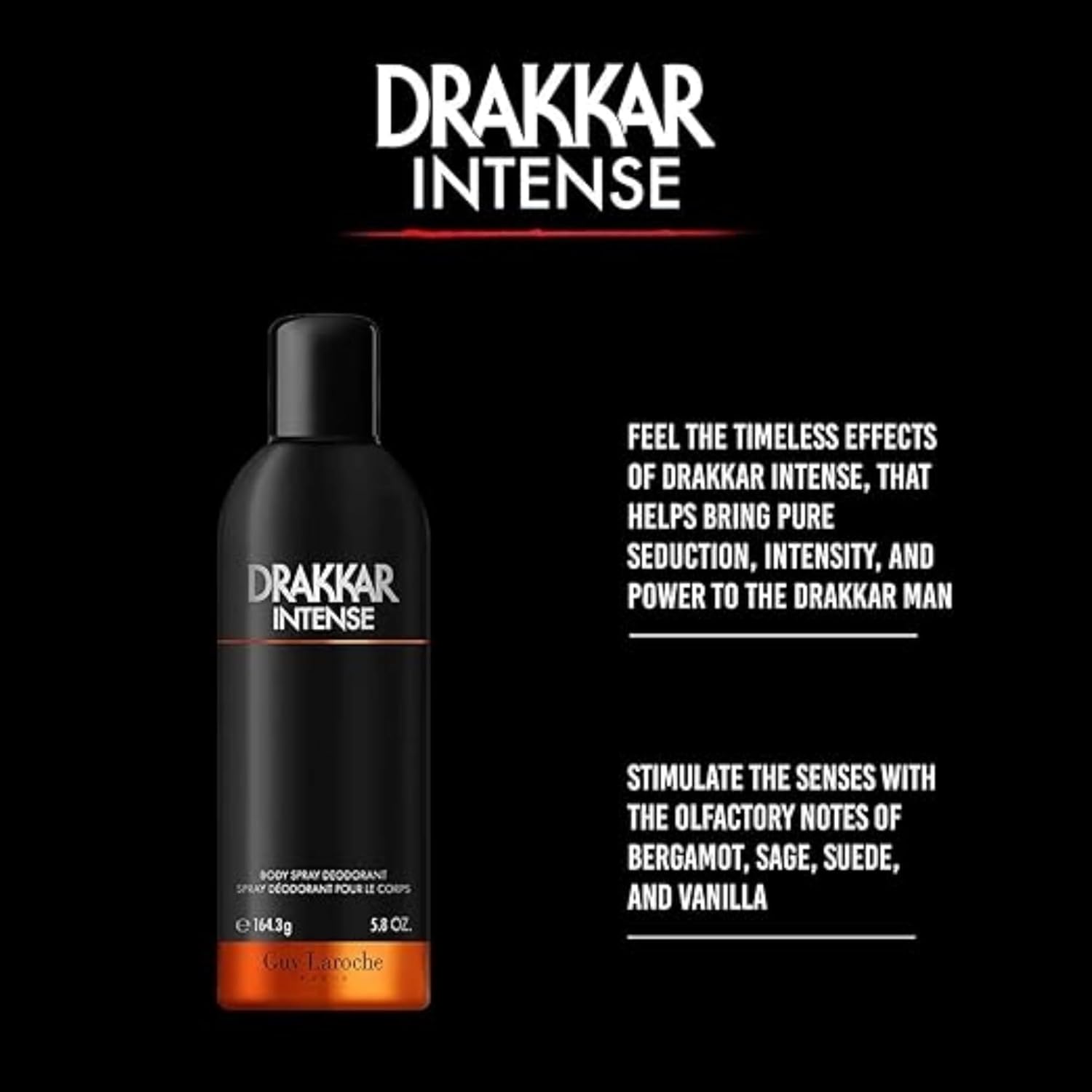 Guy Laroche Drakkar Intense, Seductive & Irresistible Body Spray, Ambery Fougere Fragrance, Long Lasting Mens Cologne, Body Spray For Men 5.8 Fl.Oz : Beauty & Personal Care