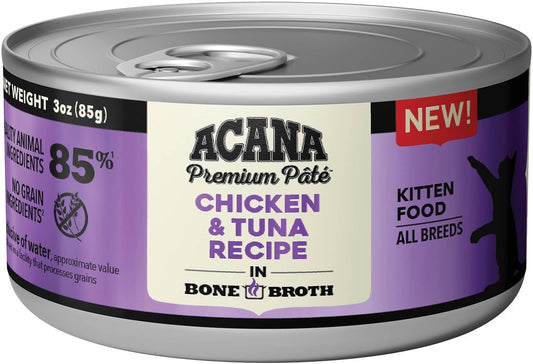 Acana Premium Pate Wet Cat Food For Kittens, High Protein Chicken And Tuna In Bone Broth Recipe, 3 Oz (Case Of 24)
