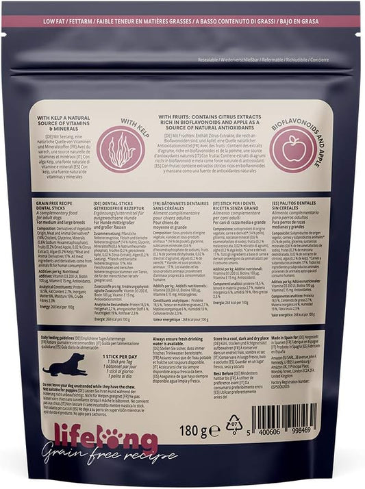 Amazon Brand - Lifelong Grain Free Recipe Dental Sticks For Medium And Large Breed Dogs, Chicken, 180G, Pack Of 6Esp50062005