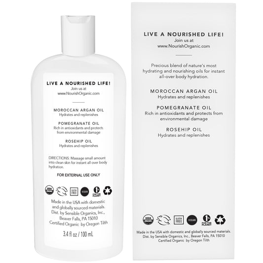 Nourish Organic Beauty Oil – Replenishing Moroccan Argan, Pomegranate, Rosehip & Vitamin E Oils, 3.4 Oz + Washable Cotton Round