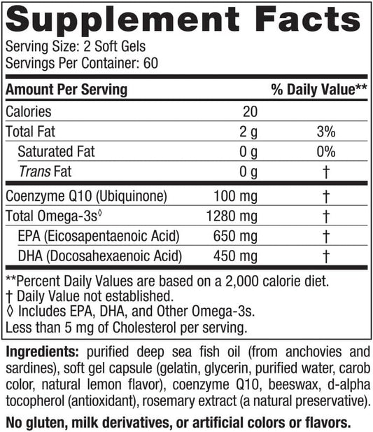 Nordic Naturals Ultimate Omega + Coq10, Lemon - 120 Soft Gels - 1280 Mg Omega-3 + 100 Mg Coq10 - Heart Health, Cellular Energy, Antioxidant Support - Non-Gmo - 60 Servings