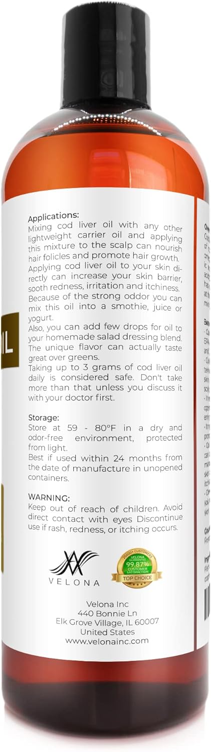 velona Cod Liver Oil - 16 oz | 1,000A/100D IU/g Omega 3 Vitamins A & D3 | Norwegian Arctic Sustainably Sourced Nordic Oil | Hair, Body and Skin Care | Use Today - Enjoy Results : Health & Household