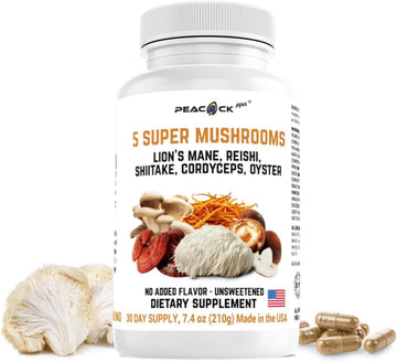 5 Mushrooms Supplement, 180 Count – Lion'S Mane, Reishi, Shiitake, Cordyceps, Oyster Immune & Brain Supplement For Memory And Focus, Dietary Supplement For Energy