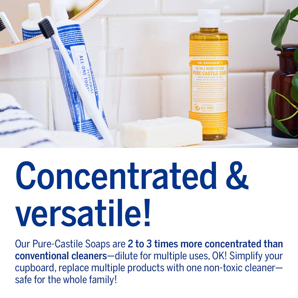 Dr. Bronner's - Pure-Castile Liquid Soap (Citrus, 8 ounce) - Made with Organic Oils, 18-in-1 Uses: Face, Body, Hair, Laundry, Pets and Dishes, Concentrated, Vegan, Non-GMO : Camping Soaps And Shampoos : Beauty & Personal Care