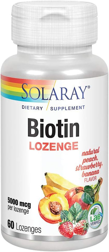 Solaray Biotin 5000 Mcg | Natural Peach, Strawberry, Banana Flavor | Healthy Hair, Skin & Nails Support | 60 Lozenges