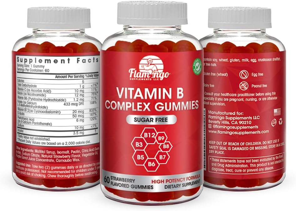Sugar Free Vitamin B Complex Gummies - Vitamin B12, B7, B6, B3 (Niacin), B5, B8, B9 (Folate)- Third Party Tested- Prenatal, Vegan Diet, Older Adults - B Complex Vitamin Supplement- 60 Gummy Bottle : Health & Household