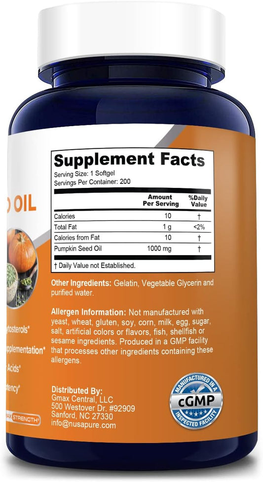 Nusapure Pumpkin Seed Oil 1000Mg 200 Softgel Capsules (Non-Gmo, Gluten Free) Naturally Occurring Phytosterols