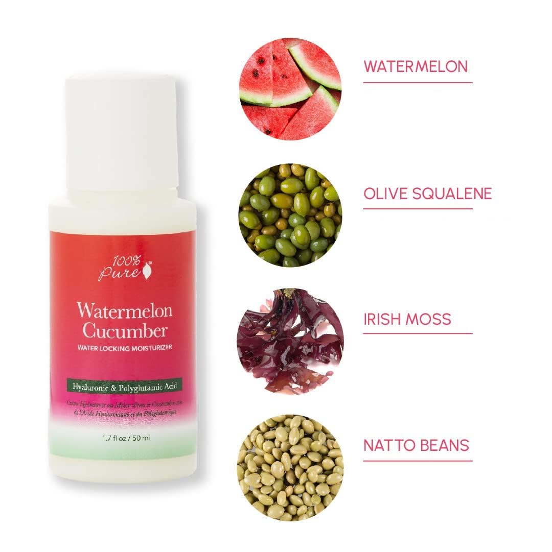 100% Pure Watermelon Cucumber Water Locking Moisturizer Natural Facial Hydration Boost With Hyaluronic Acid Replenishing Anti Aging Face Cream & Quenching Dry Skin Care Vegan - 1.4 Fl Oz