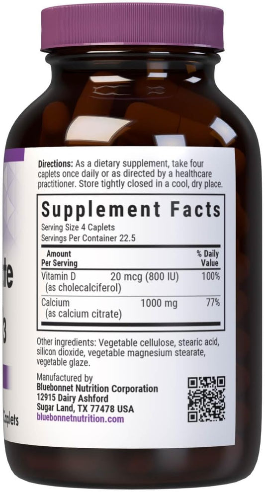 Bluebonnet Nutrition Calcium Citrate & Vitamin D3, Bone Health*, Non-Gmo, Kosher Parve, Gluten-Free, Soy-Free, 90 Caplets, 22.5 Servings