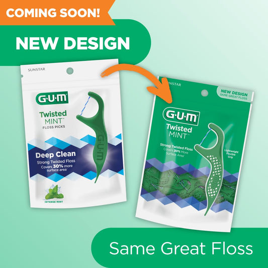 Gum Twisted Mint Floss Picks - Twisted Threads, Shred-Resistant Floss, Easy Grip Handle, 90 Count