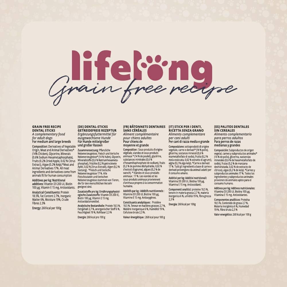 Amazon Brand - Lifelong Grain Free Recipe Dental Sticks for Medium and Large Breed Dogs, Chicken, 180g, Pack of 6 :Pet Supplies