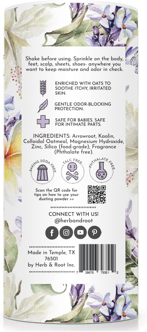 Lavender Talc Free Dusting Powders Made With Arrowroot, Soothing Oats, Zinc, And Magnesium. Free Of Baking Soda. For Chafing, Deodorizing, Sweating