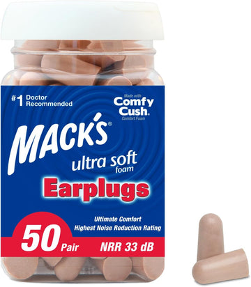 Mack'S Ultra Soft Foam Earplugs, 50 Pair - 33Db Highest Nrr, Comfortable Ear Plugs For Sleeping, Snoring, Travel, Concerts, Studying, Loud Noise, Work | Made In Usa