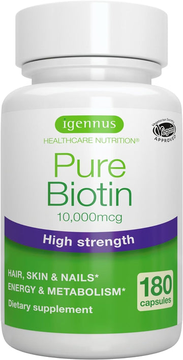 Pure Biotin 10,000Mcg, Extra Strength Biotin, 180 Small Easy To Swallow Capsules, Vitamin B7, Clean Label, Lab Verified, & Vegan & Hypoallergenic, No After Taste Or Smell, By Igennus