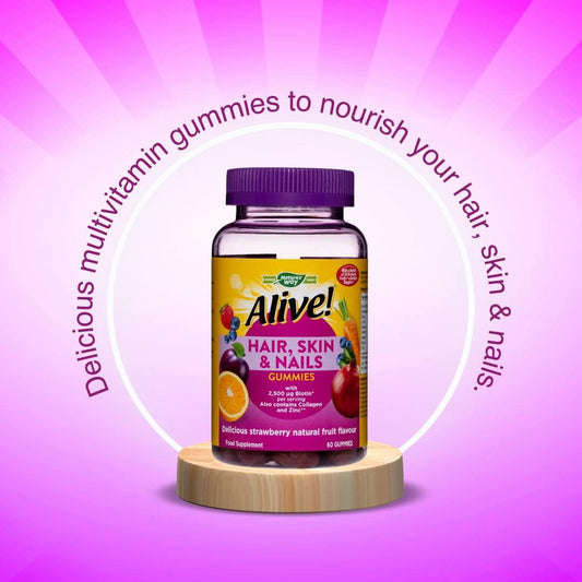 Alive! Hair, Skin & Nails Supplement | Contains 2,500Mcg Of Biotin | 60 Gummies (1 Month Supply) | Delicious Multivitamin Gummies To Nourish Your Hair, Skin & Nails