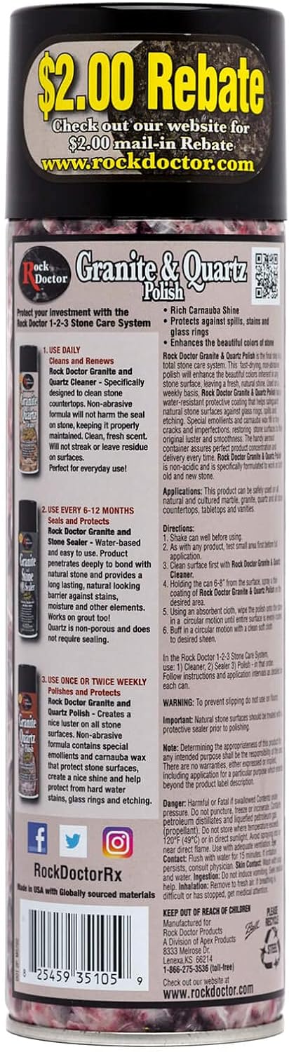 Rock Doctor Granite Polish Spray And Surface, 18 Oz. Can, Polish Tile, Marble, Kitchen Countertop, And Natural Stone Surfaces, Streak-Free Shine Pack Of 1
