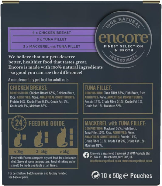 Encore 100 Percent Natural Wet Cat Food Pouch, Chicken And Fish Selection In Broth, 50G Pouch (Pack Of 40 Pouches)Enc8119-1En
