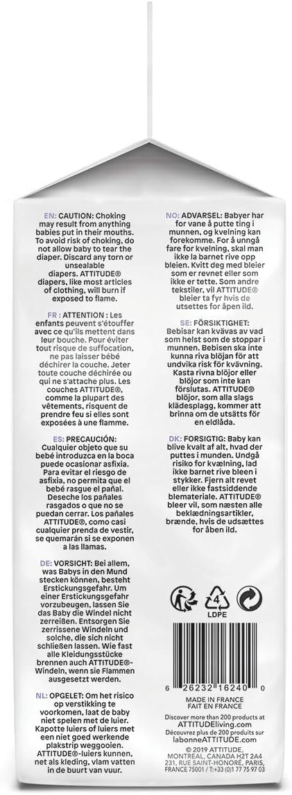 ATTITUDE Eco-Friendly Diapers, Non-Toxic, Hypoallergenic, Safe for Sensitive Skin, Chlorine-Free, Leak-Free & Biodegradable Baby Diapers, Plain White (Unprinted), Size 4 (15-40 lbs), 26 Count (16240)