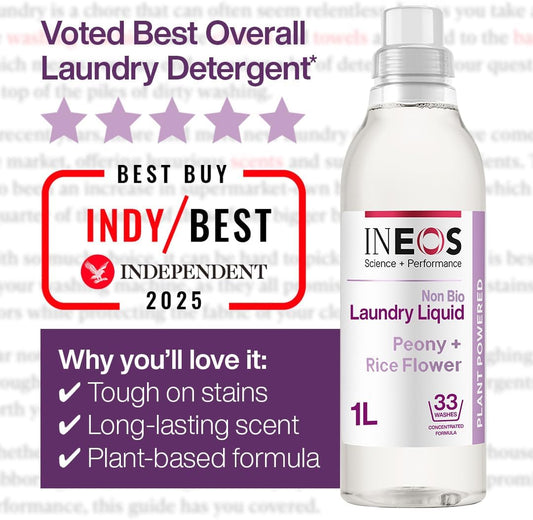 Ineos Next-Gen Non Bio Laundry Washing Liquid Detergent, 198 Washes (6 X 1L), High Performance Stain Remover For Clothes, Plant Powered, For Sensitive Skin, Peony + Rice Milk, Packaging May Vary