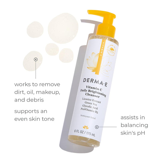 Derma E Vitamin C Cleanser - Daily Brightening Cleanser – Hydrating Face Wash To Even Out Skin Tone – Moisturizing Face Cleanser For A Radiant Glow, 6 Fl Oz