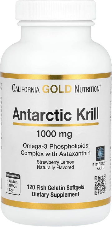 California Gold Nutrition Antarctic Krill Oil, Omega-3 Phospholipids With Naturally Occurring Astaxanthin, Natural Strawberry & Lemon Flavor, Non Gmo, 1,000 Mg, 120 Fish Gelatin Softgels, 2 Pack