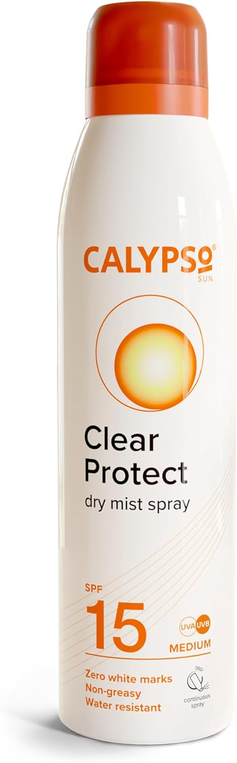 Calypso Clear Protect Dry Mist Spray Spf15 | Water Resistant Sun Spray | Non-Greasy Sun Protection | Continuous Spray | 175Ml