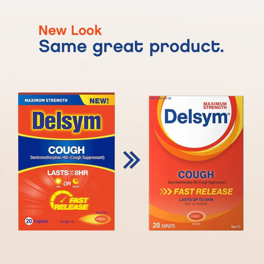 Delsym Maximum Strength Cough Suppressant, Fast Release Caplets, Lasts Up To 8 Hour Day Or Night, 20 Count