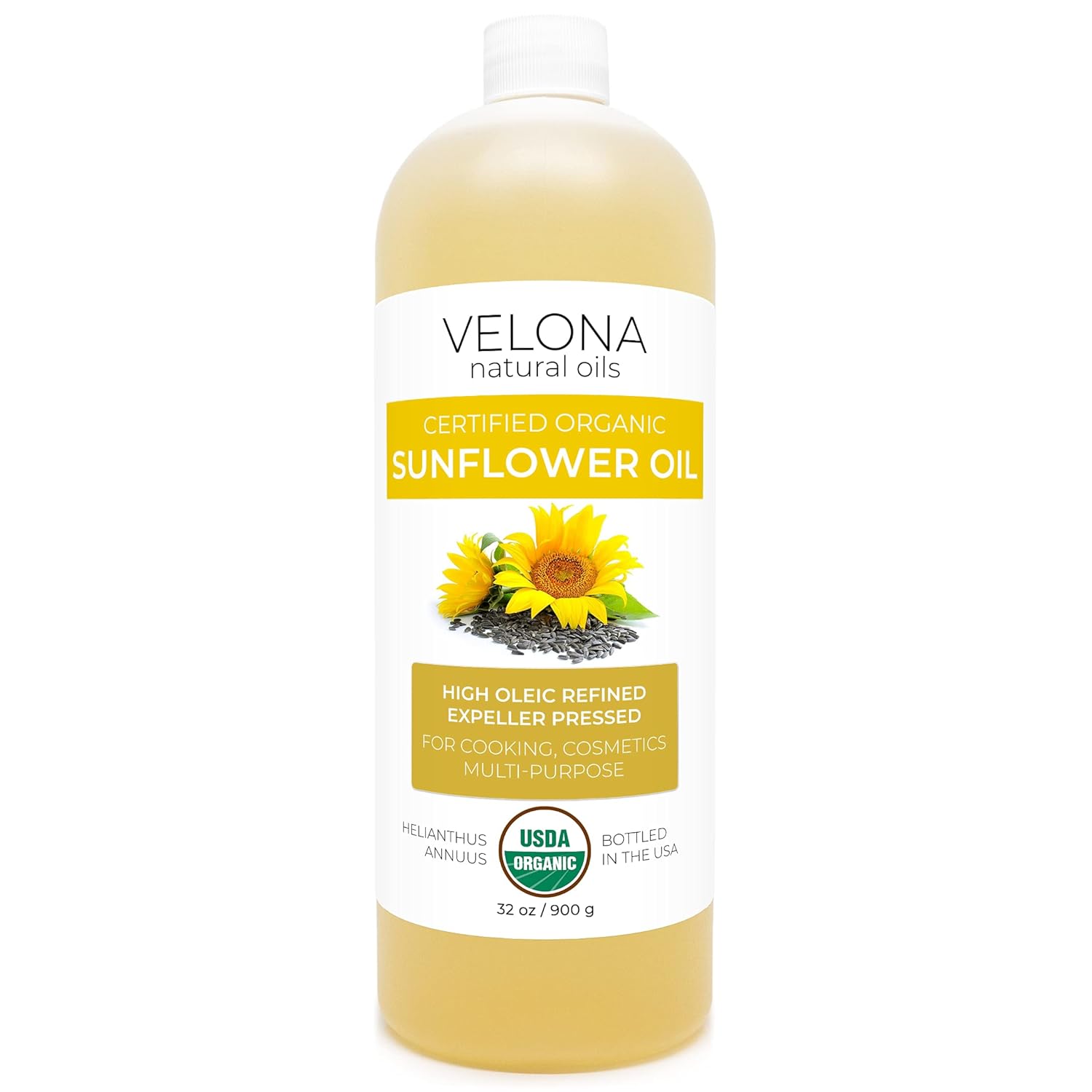 velona USDA Certified Organic Sunflower Oil - 32 oz | 100% Pure and Natural Carrier Oil | High Oleic, Refined, Cold Pressed | Cooking, Skin, Hair, Body & Face Moisturizing : Beauty & Personal Care
