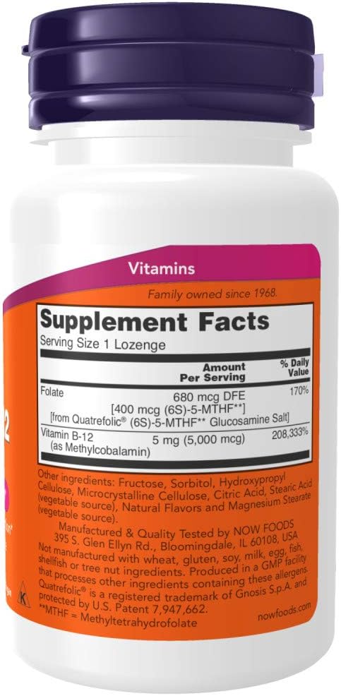 Now Foods Supplements, Methyl B-12 (Methylcobalamin) 5,000 Mcg, Nervous System Health*, 120 Lozenges