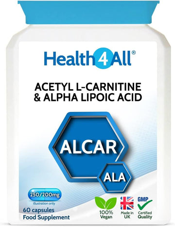 Health4All Acetyl L-Carnitine 250Mg & Alpha Lipoic Acid 200Mg 60 Capsules, Vegan Alcar & Ala Supplement For Brain Health, Memory, Focus And Mental Clarity | Made In Uk