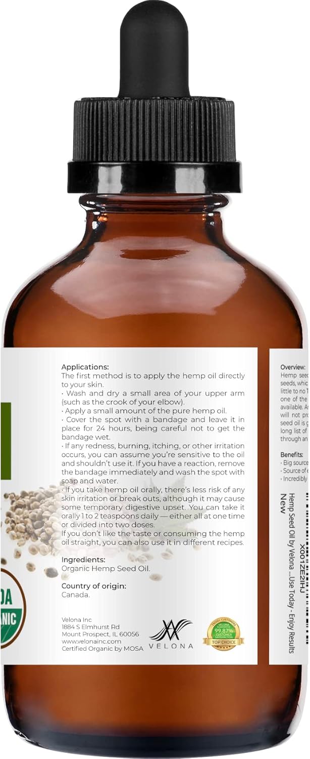 velona Hemp Seed Oil USDA Certified Organic - 4 oz | 100% Pure and Natural Carrier Oil | Unrefined, Cold Pressed | Hair, Body, Face & Skin Care | Use Today - Enjoy Results… : Beauty & Personal Care