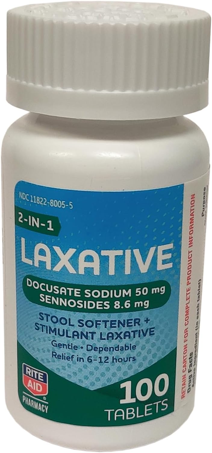 Rite Aid Stool Softener with Laxative - 100 Count, Constipation Relief, Docusate Sodium 50 mg and Sennosides 8.6 mg, Overnight Relief in 6-12 Hours | Fiber Capsules | Stool Softeners : Health & Household
