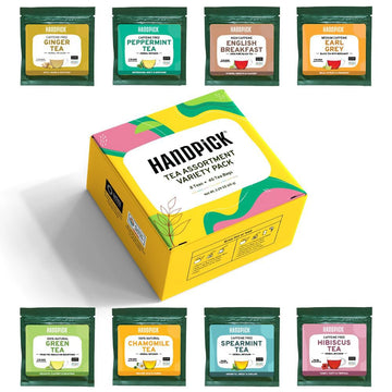 Handpick, Tea Bags Sampler Assortment Variety Pack Gift Box 8 Flavors, 40 Tea Bags - Perfect Variety | English Breakfast, Green, Black, Herbal & More
