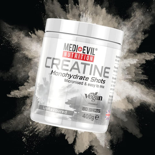 Medi-Evil Nutrition Creatine Monohydrate Shots Powder Vegan Friendly, Unflavoured, No Flavour, 400G, 80 Servings, Micronised For Easy Mixing (Pack Of 1 Tub)