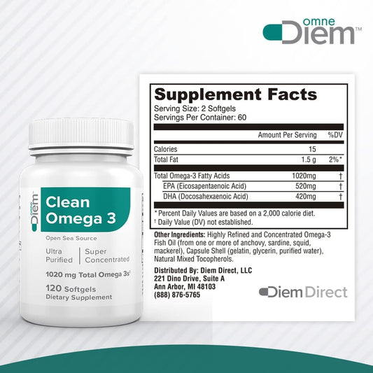 Omne Diem Clean Omega 3 ? 1020mg, 120 softgel Capsules ? Fish Oil Diet
