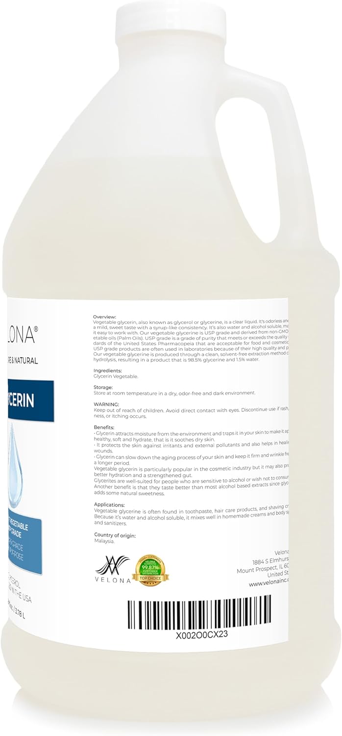 velona Glycerin Vegetable USP Grade 1 Gallon / 128 Fl Oz | 100% Pure and Natural Carrier Oil | Hair and Face Moisturizer for Dry Skin, Bubble Bath, Glycerin Soap, Soap Base | Enjoy Results : Beauty & Personal Care