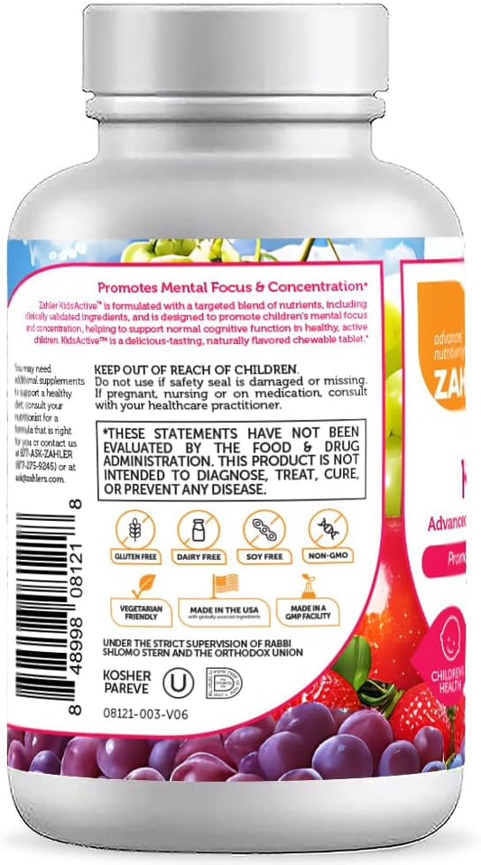 Zahler Kidsactive, Kids Chewable Concentration Formula, All Natural ChildrenāS Supplement Supporting Focus And Attention, Certified Kosher, 180 Fruit Punch Flavored Tablets