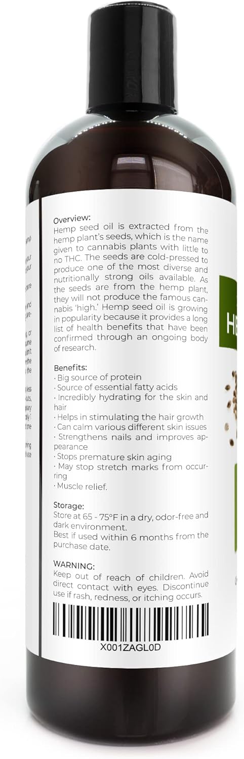 velona Hemp Seed Oil USDA Certified Organic - 16 oz | 100% Pure and Natural Carrier Oil | Unrefined, Cold Pressed | Hair, Body, Face & Skin Care | Use Today - Enjoy Results : Grocery & Gourmet Food