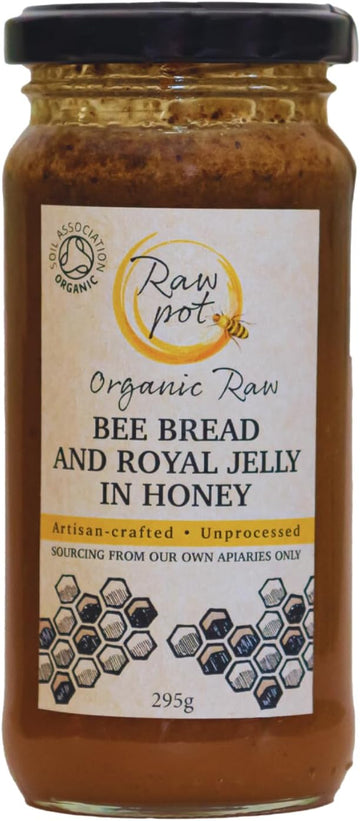 Raw Pot - Organic Raw Bee Bread And Royal Jelly In Honey - Natural Pure Unpasteurised Honey With Antioxidants & Phytonutrients For Immunity, Detox, Digestion, Energy Support | For Kids & Adults (295G)