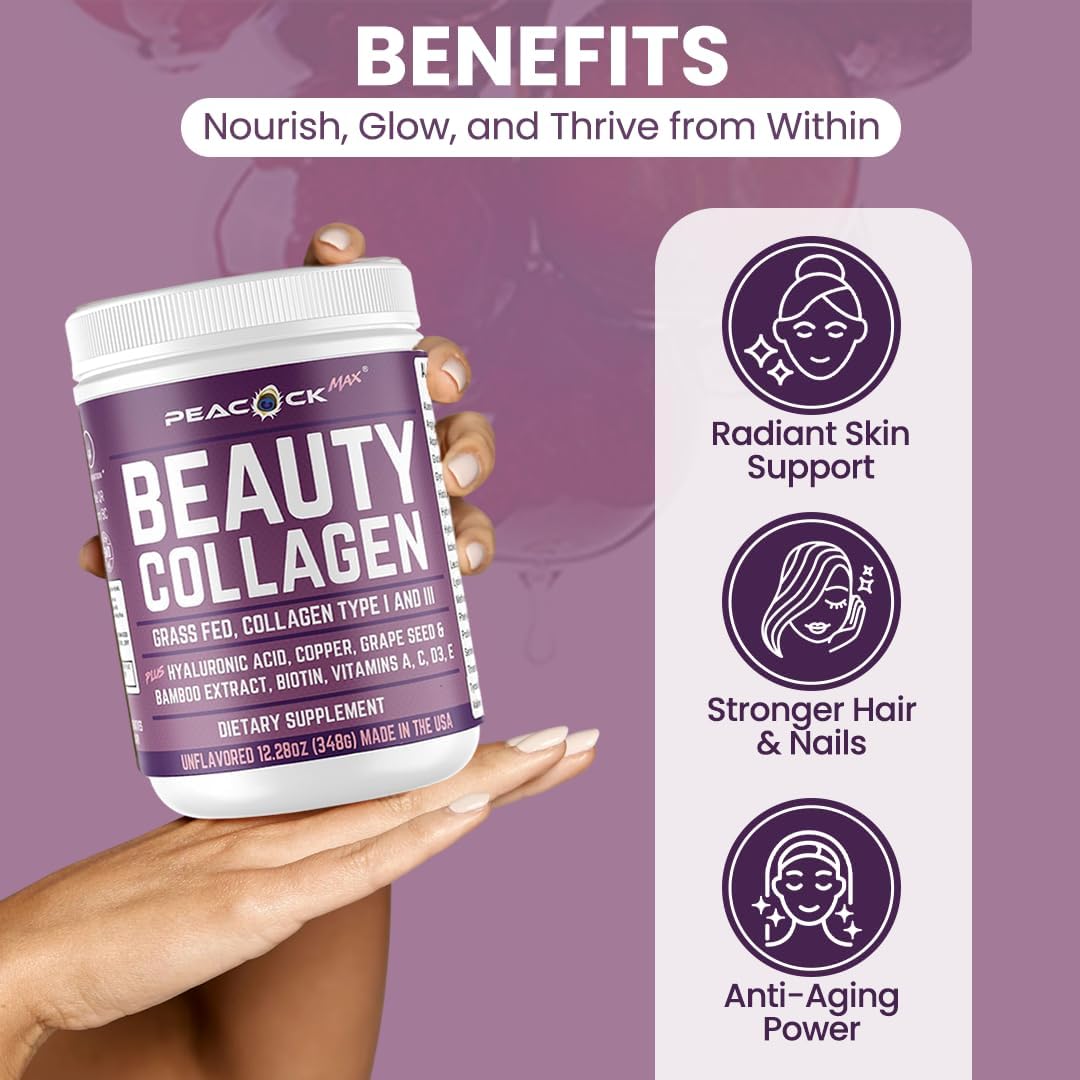 Peacock Max Beauty Collagen Peptides For Women 12.28 Oz β Hydrolyzed Collagen Peptides Type I & Iii Protein Powder With Hyaluronic Acid, Grass Fed Collagen, Biotin, Grape Seed Extract, Multivitamins : Health & Household