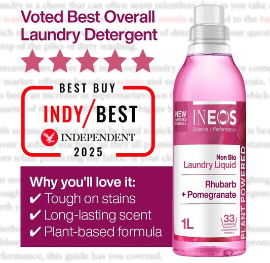 Ineos Next-Gen Non Bio Laundry Washing Liquid Detergent, 198 Washes (6 X 1L), High Performance Stain Remover For Clothes, Plant Powered, For Sensitive Skin, Rhubarb + Pomegranate, Packaging May Vary