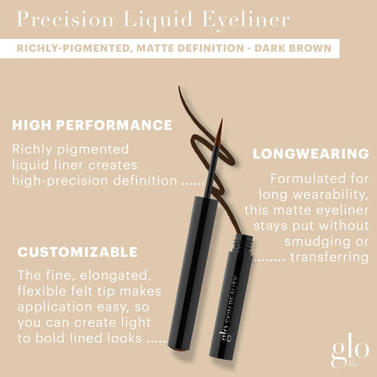 Glo Skin Beauty Precision Liquid Eyeliner (Dark Brown) - Fine, Elongated, Flexible Felt Tip Delivers An Even Application - Fast Drying, Matte Finish, With Caffeine