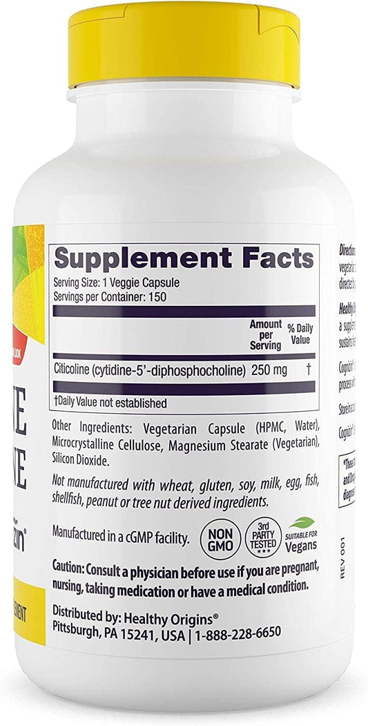 Healthy Origins Cognizin (Citicoline), 250 Mg - Brain Supplement For Memory With Citicoline Cdp Choline - Non-Gmo, Vegan & Gluten-Free Supplement - 150 Veggie Capsules