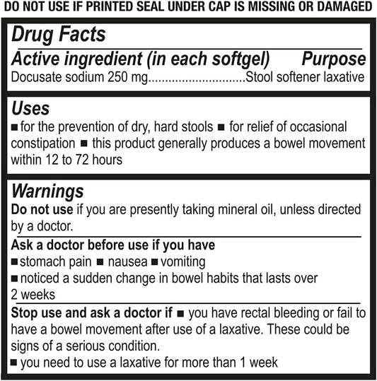 P Puregen Labs Docusate Sodium 250Mg Stool Softener Laxative 200 Softgels Total Gentle Constipation Relief Extra Strength Stimulant Free 2 Pack