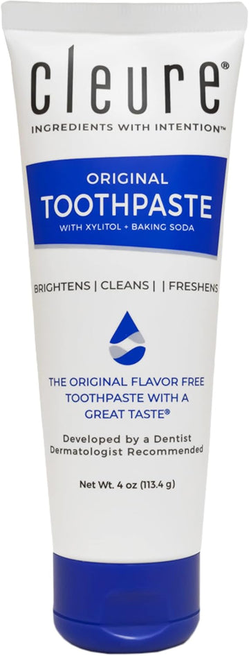 Cleure Original Natural Toothpaste - Flavor-Free, Fluoride-Free - Helps Whiten - With Xylitol For Fresh Breath - Natural Great Taste For Children & Adults - Mint-Free (4Oz Tube)