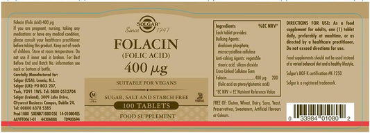 Solgar Folacin (Folic Acid) 400 µg Tablets - Pack Of 100 - Supports Maternal Tissue Growth - Reduce Tiredness And Fatigue - Vegan And Gluten Free