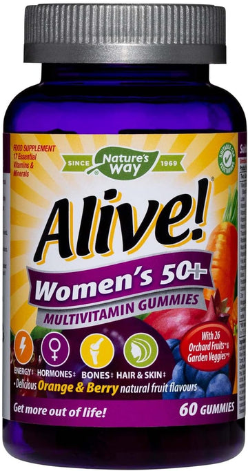 Alive! Women’S 50+ Multivitamin Gummies, Multi-Vitamins & Minerals With A Blend Of 26 Fruits & Vegetables, Specially Balanced Formulation For Women, Suitable For Vegetarians - 60 Gummies