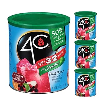 4C Reduced Sugar Powdered Drink Mix Canisters, Iced Tea 3 Pack, 28 Quarts, Family Sized Canister, Thirst Quenching & Refreshing Flavors (Fruit Punch, 33.1 Ounce (Pack Of 3))
