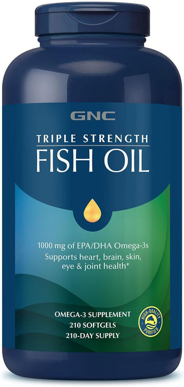 Gnc Triple Strength Fish Oil Omega 3 Supplement, 1000Mg Epa & Dha, Supports Heart, Brain, Skin, Eye And Joint Health, Burpless, Ultra Concentrated, High Potency, Wild Caught, 210 Softgels
